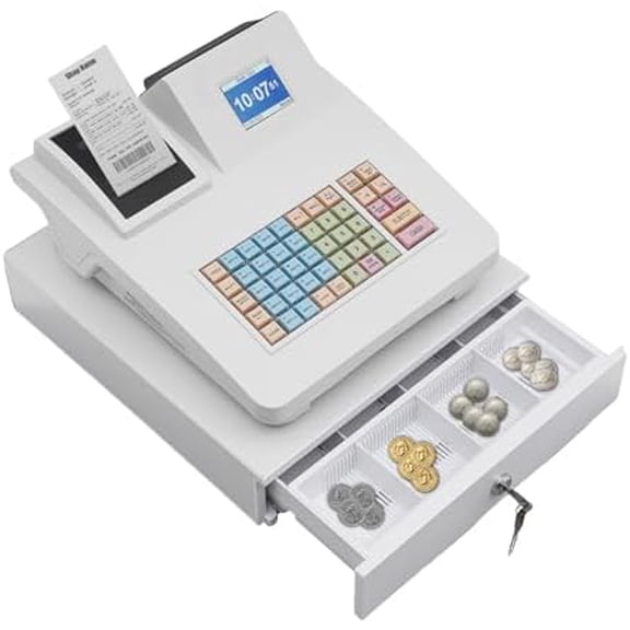 48 Keys Electronic Cash Register with Cash Drawer, Supports Create Reports and Thermal Printing Technology, Programmable Cash Register with Display Screen for Small Businesses Retail Store Restaurant