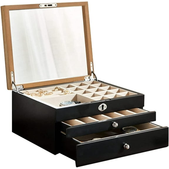 Large Wooden Jewelry Box Organizer with Mirror & Lock, 3-Layer Storage Chest with 2 Drawers for Rings, Necklaces, Bracelets & Watches