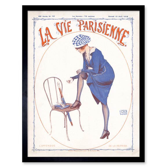 Vintage French Fashion La Vie Parisienne Woman In Blue Magazine Cover Art Print Framed Poster Wall Decor 12x16 inch
