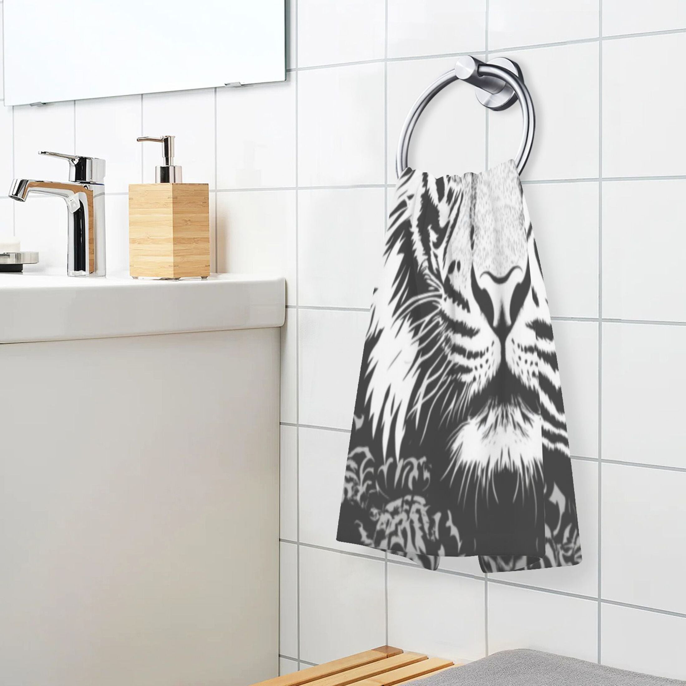 Cotton Towel Two-Piece 16x28 Inch One Sizex2 Face Towel Set Towel Set Cotton Hand Bath Towel Bathroom Beach Black and White Cartoon Tiger