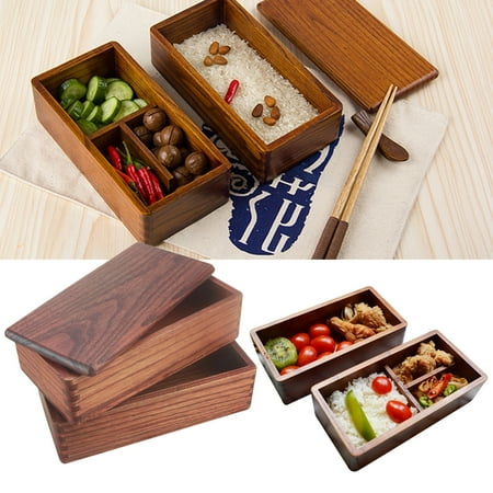Schiscetta In Legno Per Sushi E Pranzo – Con Divisorio, Bacchette E Coperchio – Contenitore Per Alimenti – 16,5x12x5,7 Cm