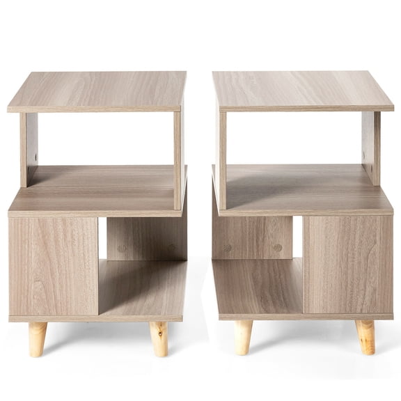 Gymax 2-Pieces Nightstand Set Wood Legs Storage Shelf Modern Side End Table Grey