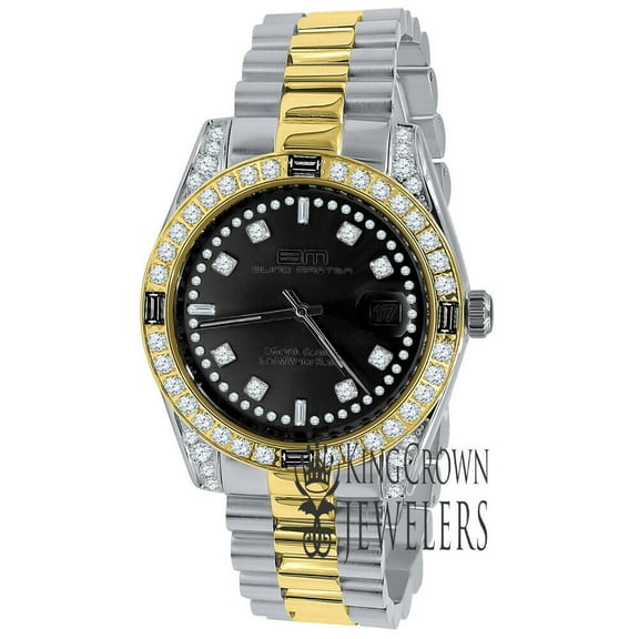 2 Tone Gold Mens Black Dial Simulated Diamond 40mm Full Stainless Steel Presidential Watch 40mm