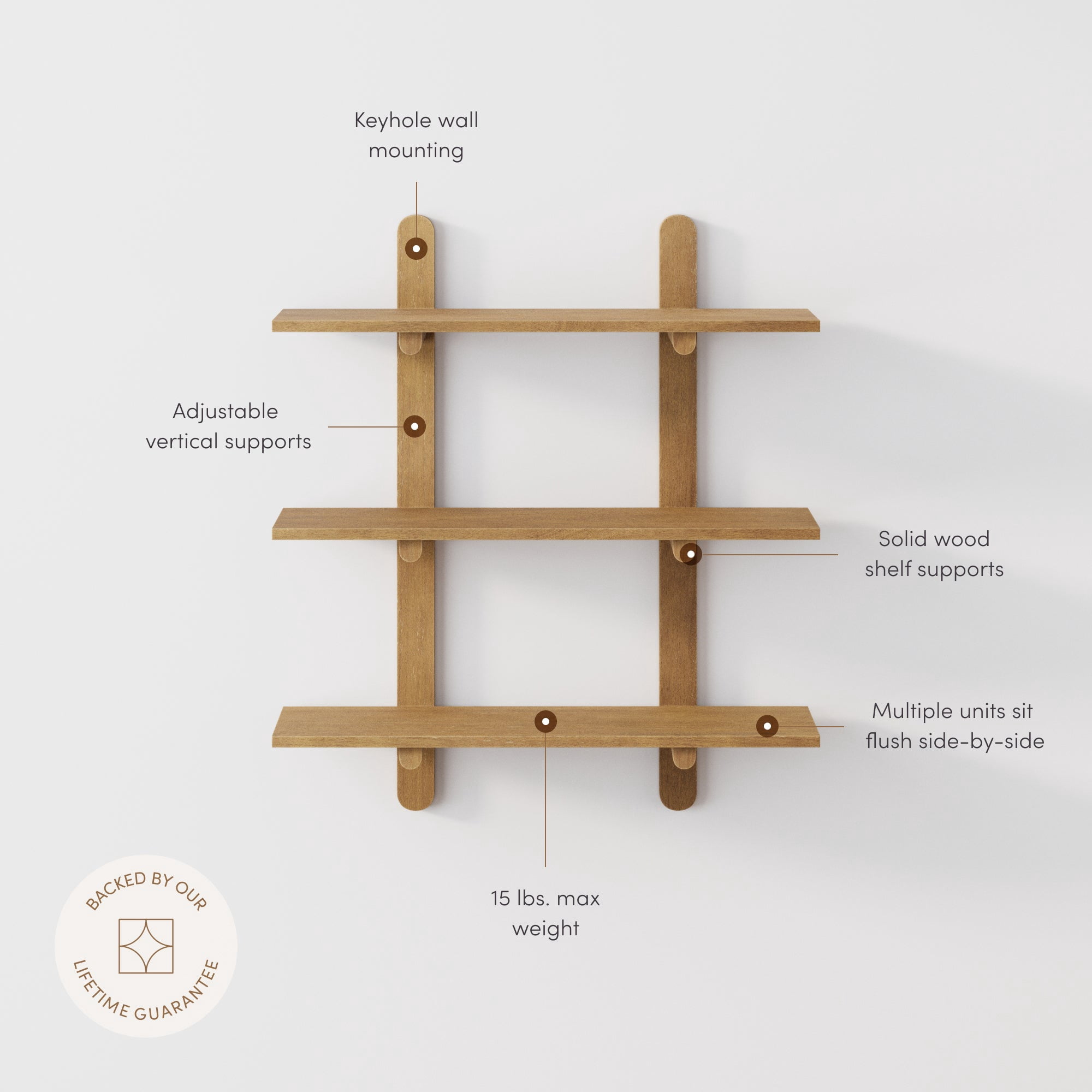 Nathan James Frankie Mid Century 3-Tier Wall Mounted Wood Shelf, Modular Wall Shelving with Solid Wood Support Frame, Light Brown