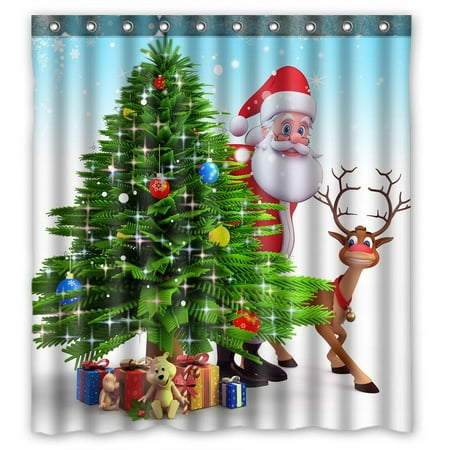 GCKG Christmas Tree Reindeer Xmas Bathroom Shower Curtain, Shower Rings Included 100% Polyester Waterproof Shower Curtain 66x72