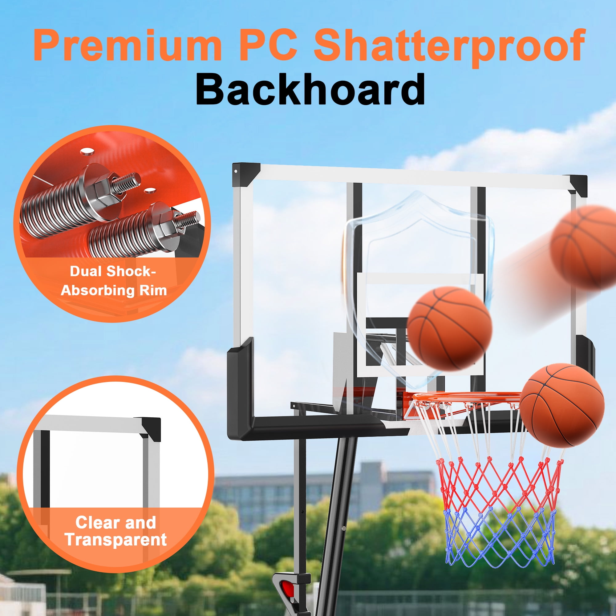 Fenbeli 44 Inch Portable Basketball Hoop Outdoor Indoor, 5.25-10FT Adjustable Height, Shatterproof PC Backboard, 150 LBS Fillable Base, Basketball Goal System for Kids Teens Adults Backyard/Driveway