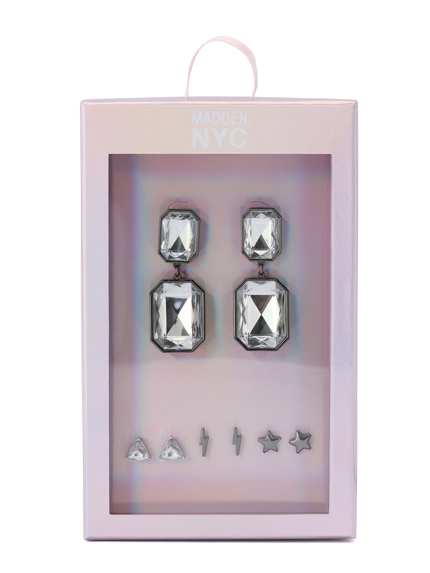 Madden NYC Women's Fashion Rhodium Stone Gem Drop & Stud Earring 4-Piece Giftable Boxed Statement Set