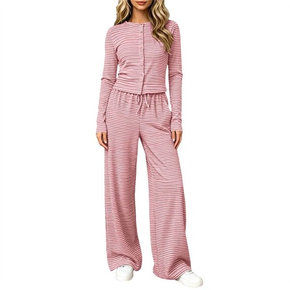 2 Piece Women Striped Outfit Button Down Long Sleeve Tops & Wide Leg Pants Teen Fall Casual Fashion Lounge Daily Tracksuit Set