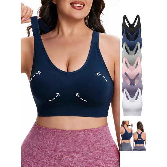 Bras for Women, Women's Plus Size Seamless Sports Bra Wireless Racerback Push Up Wide Adjustable Straps Everyday Bra for Gym Workout