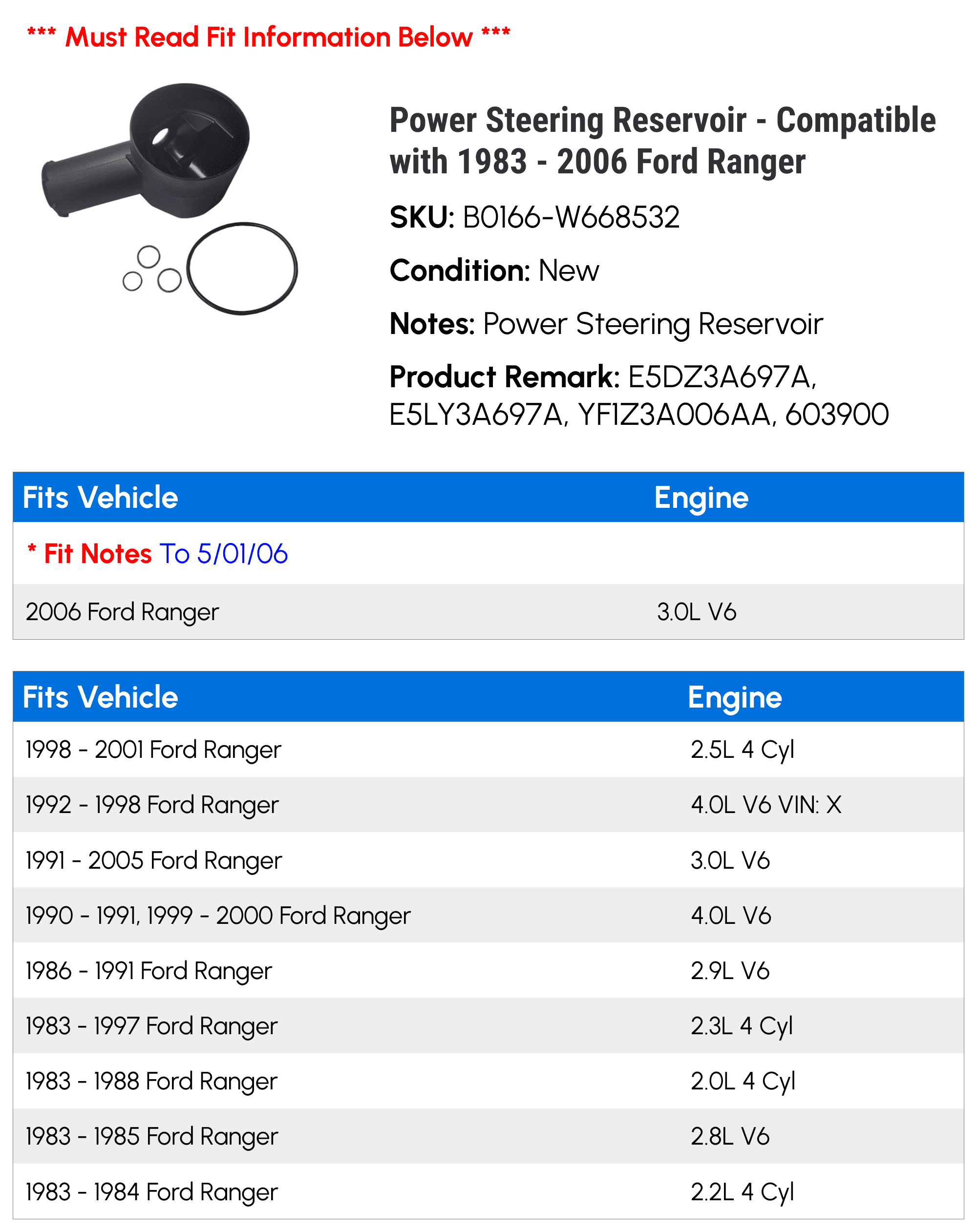 Power Steering Reservoir - Compatible with 1983 - 2006 Ford Ranger 1984 1985 1986 1987 1988 1989 1990 1991 1992 1993 1994 1995 1996 1997 1998 1999 2000 2001 2002 2003 2004 2005