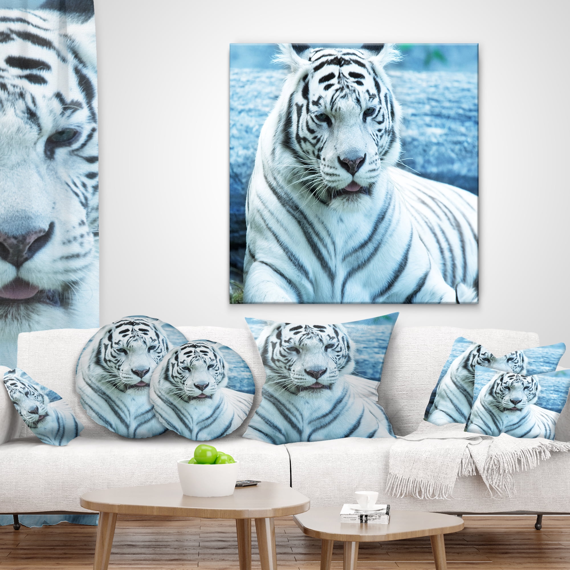 Designart Silver Tiger with Water Background - African Throw Pillow - 16x16