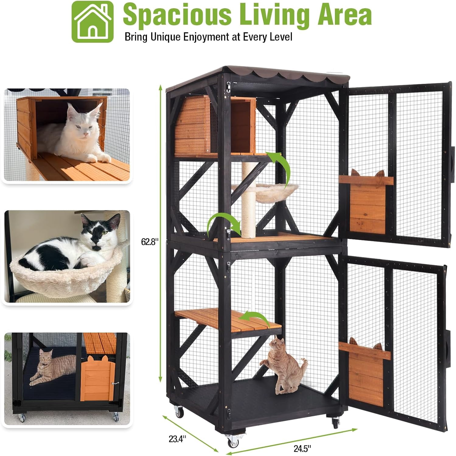 Aivituvin Cat Catio Outdoor Cat House Movable Large Enclosures on Exercise Wheels Kitty Cage with Upgraded Resting Box,Waterproof Cover Black
