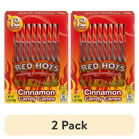 (2 pack) Red Hots Cinnamon Flavored Candy Canes, Christmas Candy, 5.3oz, 12 Count