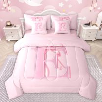 jejeloiu Chic Bowtie Bow 7-Piece Bedding Comforter Set,Girls Pink Bowknot King Bedding Sets,First Letter E Bed Sheets For Teens,Super Cozy Room Decor Reversible