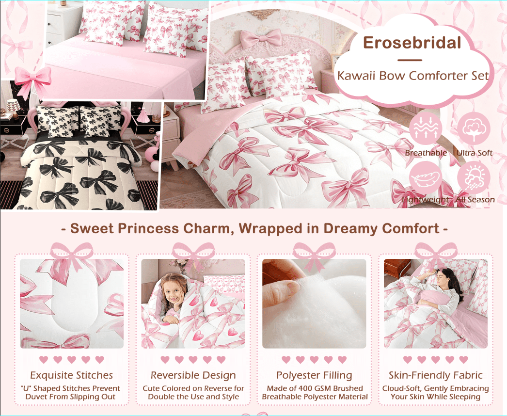 Pink Bow Bedding Set Teen Women,Cute Ribbon Bowknot Full Bed In A Bag 7 Pcs Kawaii Watercolor Bow Tie Comforter Set,Pink White Princess Bow Bed Set
