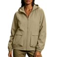 thumbnail image 2 of thefnos Womens Plus Size Cargo Jacket Zip Up Long Sleeve Hooded Coat Fall Solid Color Vintage Trench Coat with Pockets Casual Fashion Clothes, Khaki 2XL, 2 of 9