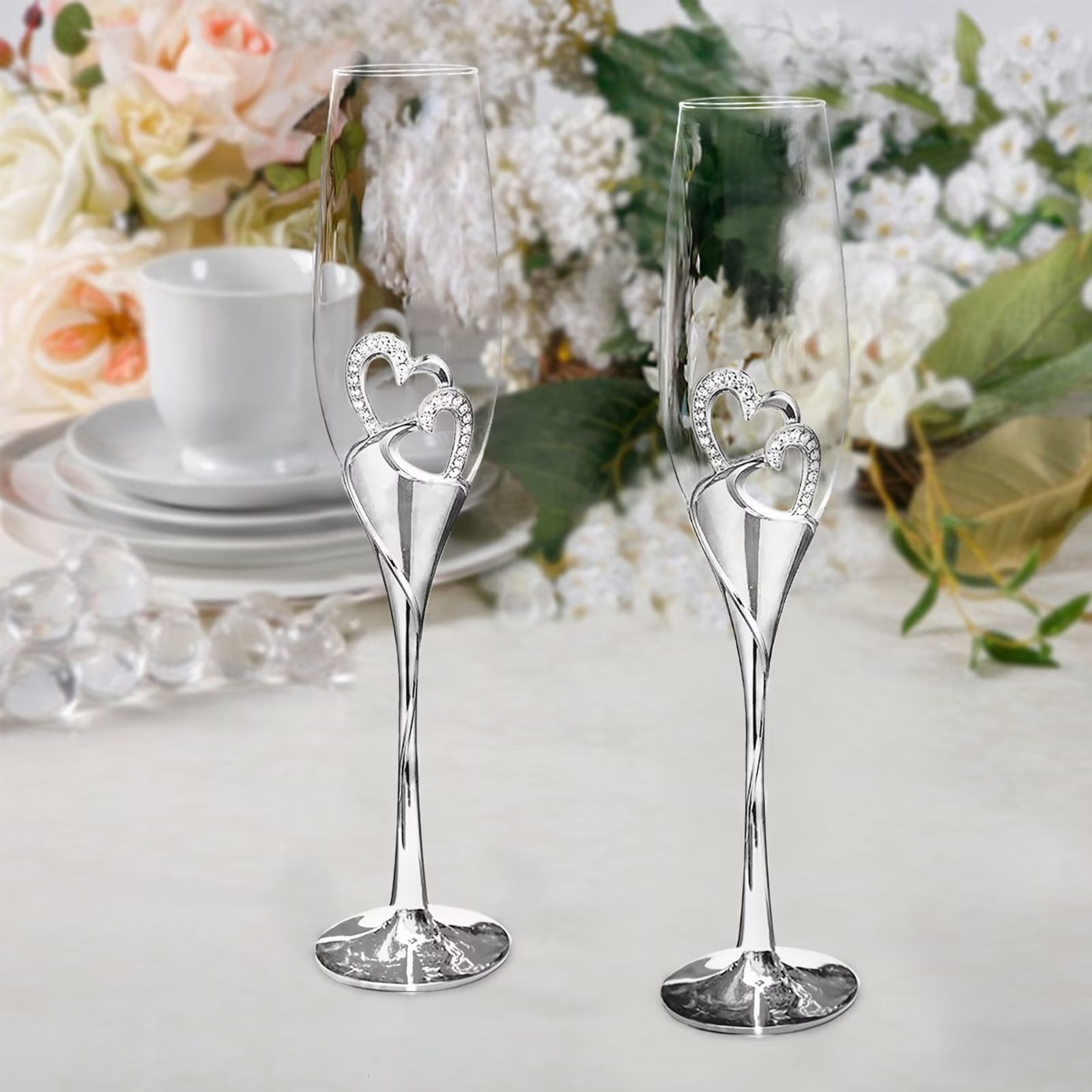 Glasseam Wedding Champagne Flutes Set of 2 Silver Toasting Glasses for Bride and Groom