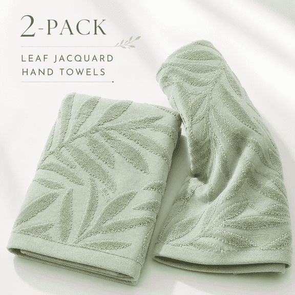 MORAVE Set of 2 Leaf Pattern 100% Cotton Hand Towels, Absorbent Soft Decorative Towel for Bathroom