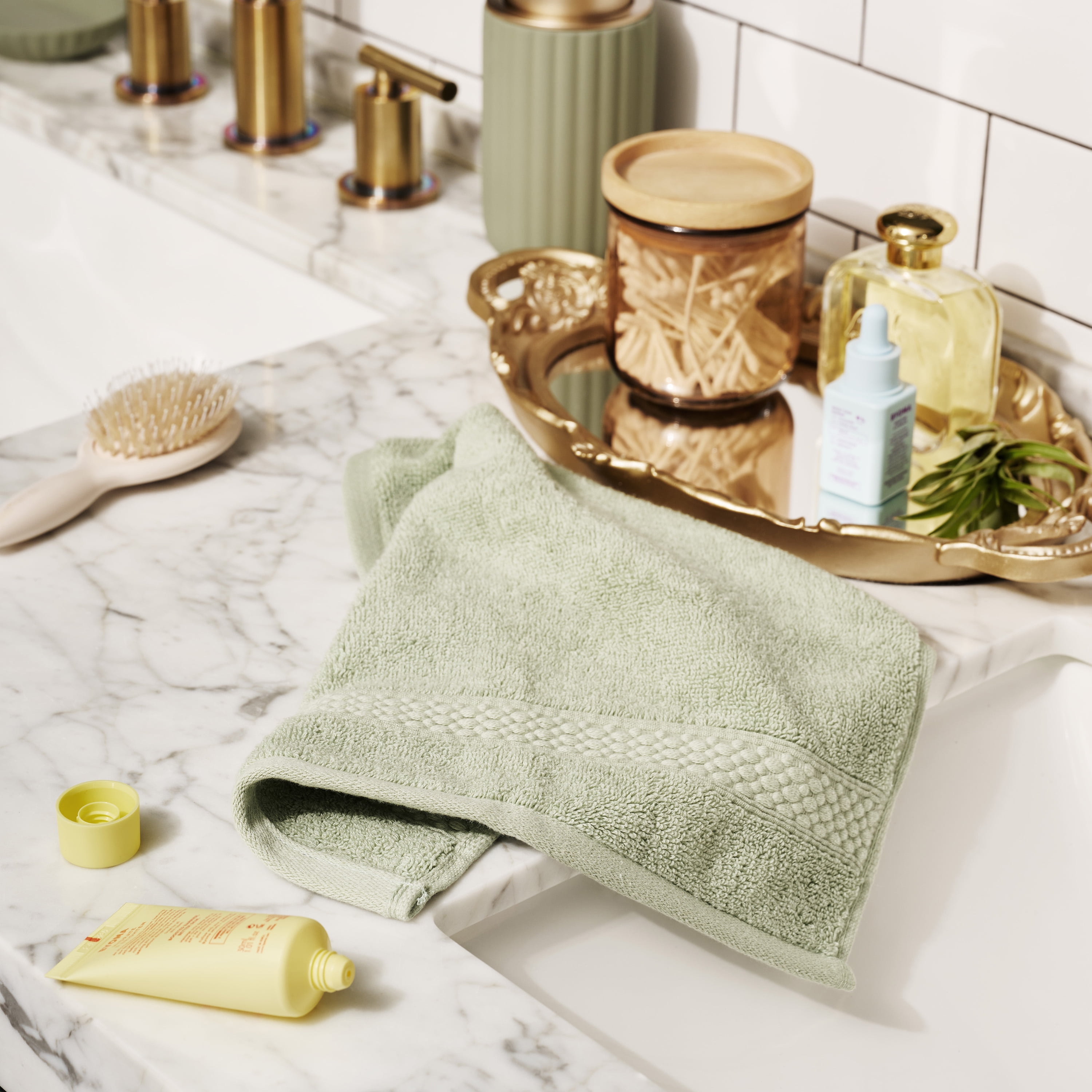 (2 pack) Beautiful by Drew Barrymore Dobby Washcloth, 100% Cotton, Sage Green