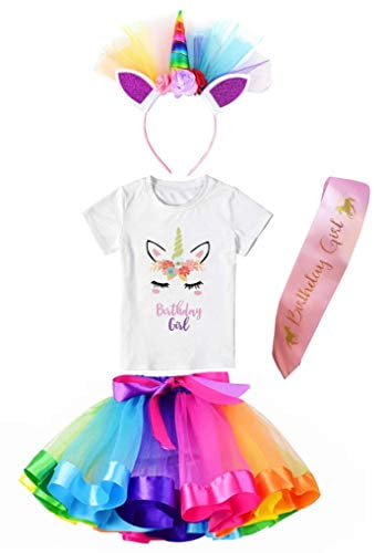 Rainbow, 5-6 Years Girls Layered Tutu Skirt with Unicorn Tshirt & Headband