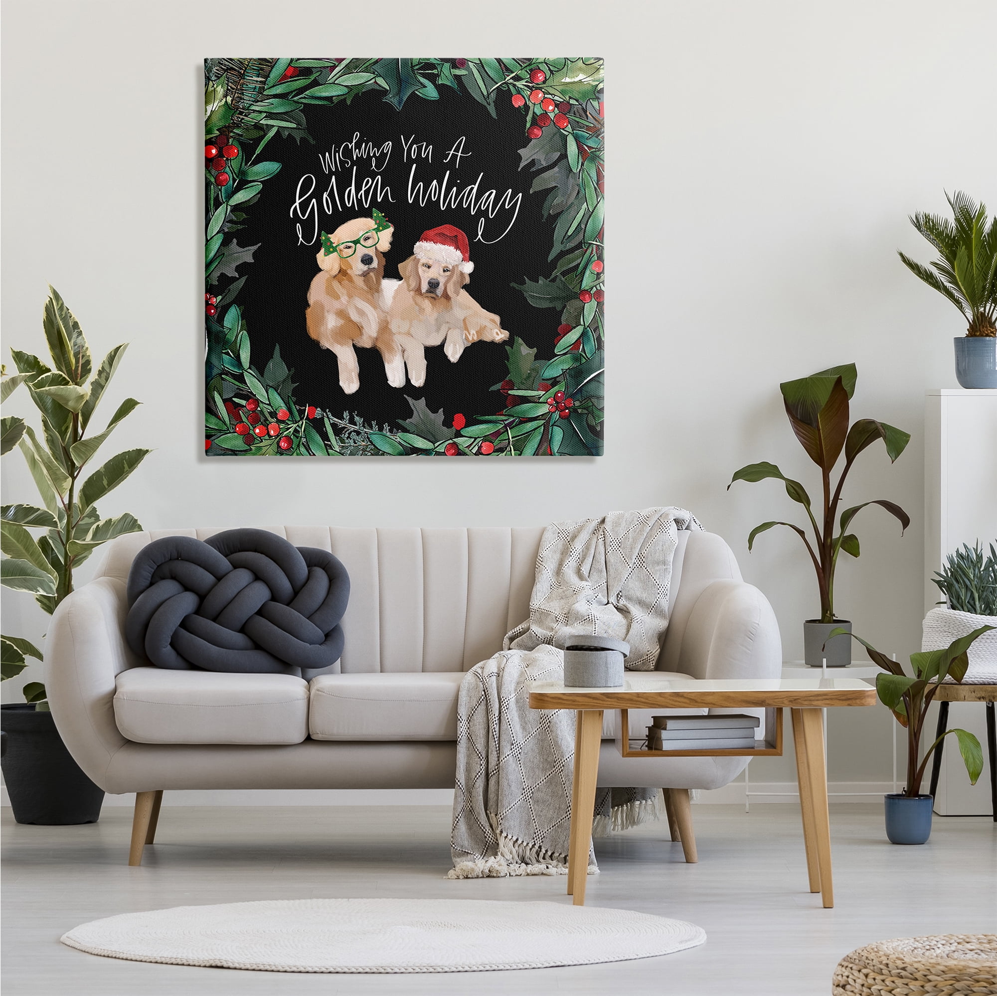 Stupell Industries Wishing You a Golden Holiday Phrase Pet Dogs Animals & Insects Painting Gallery Wrapped Canvas Print Wall Art, 36 x 36