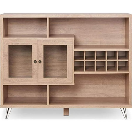 Contemporary Wooden Server with Four Open Compartments and Metal Tapered Legs,