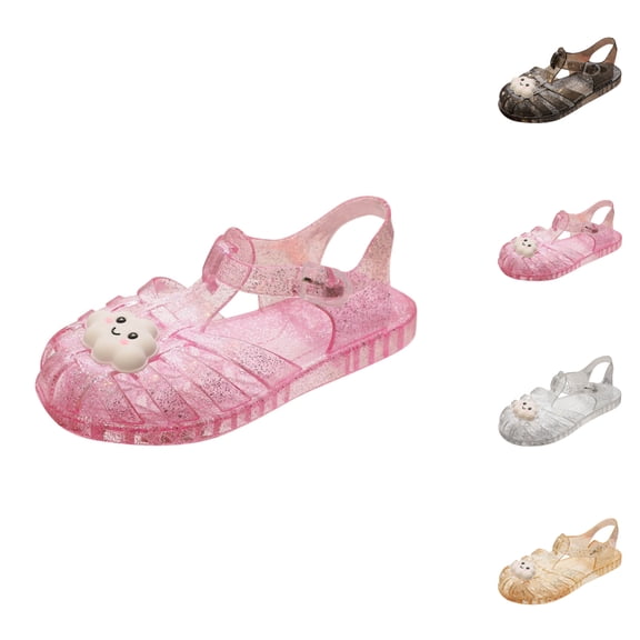 SGFCWSX Girls Summer Sandals Kids Jelly Cloud Decor Glitter T-Strap Adjustable Buckle Closed Toe Casual Shoes Pink Size 2.5-3 Years