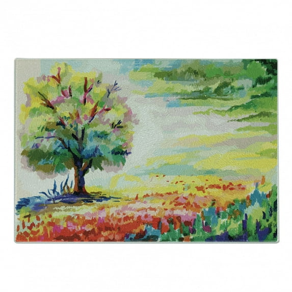 Nature Cutting Board, Colorful Hand Drawn Flowers Grass and Trees Forest Rural Scenery Watercolors Art, Decorative Tempered Glass Cutting and Serving Board, Small Size, Multicolor, by Ambesonne