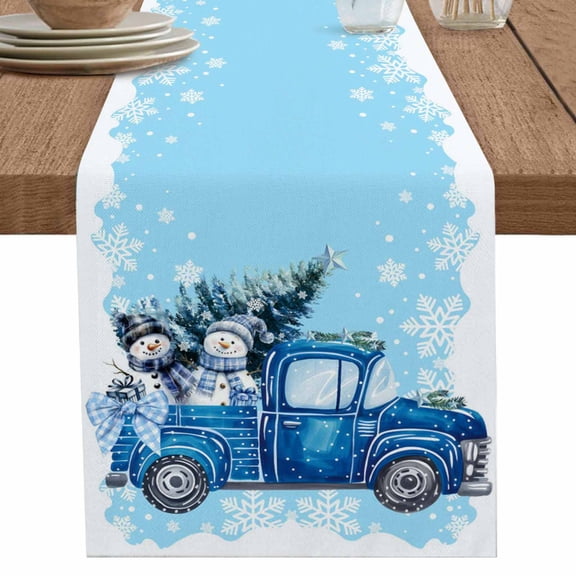 nqOlkjepod Christmas Snowman Table Runner 120 Inches Long Farmhouse Dress Scarves, Winter Blue Truck Xmas Tree Snowflake Dining Tablerunner for Coffee Table/Kitchen Island/Party Décor, 13" x 120"