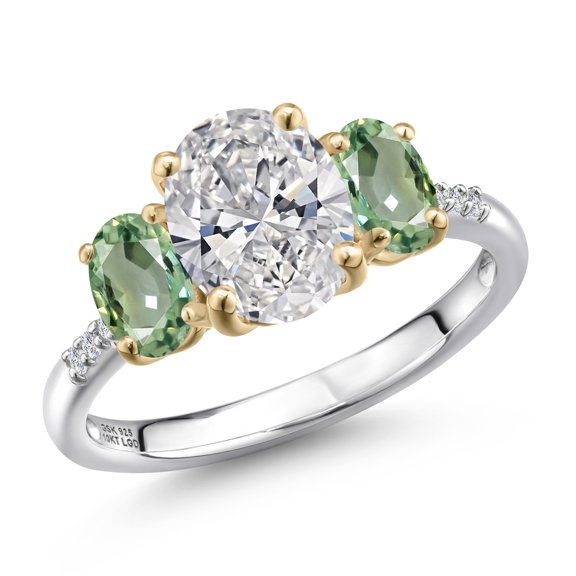 Gem Stone King 2.66 Cttw IGI Certified Lab Grown Diamond and Green Sapphire in 925 Silver and 10K Yellow Gold Engagement Ring for Women | Center Diamond 1.5 Ct | D-E Color | VS1 Clarity | Size 8