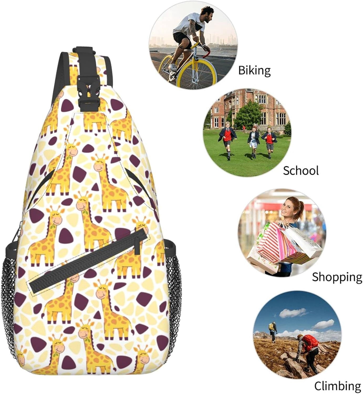 Cute Giraffe Pattern Sling Bag Crossbody Hiking Travel Chest Bags Backpack Shoulder Daypack for Women Men