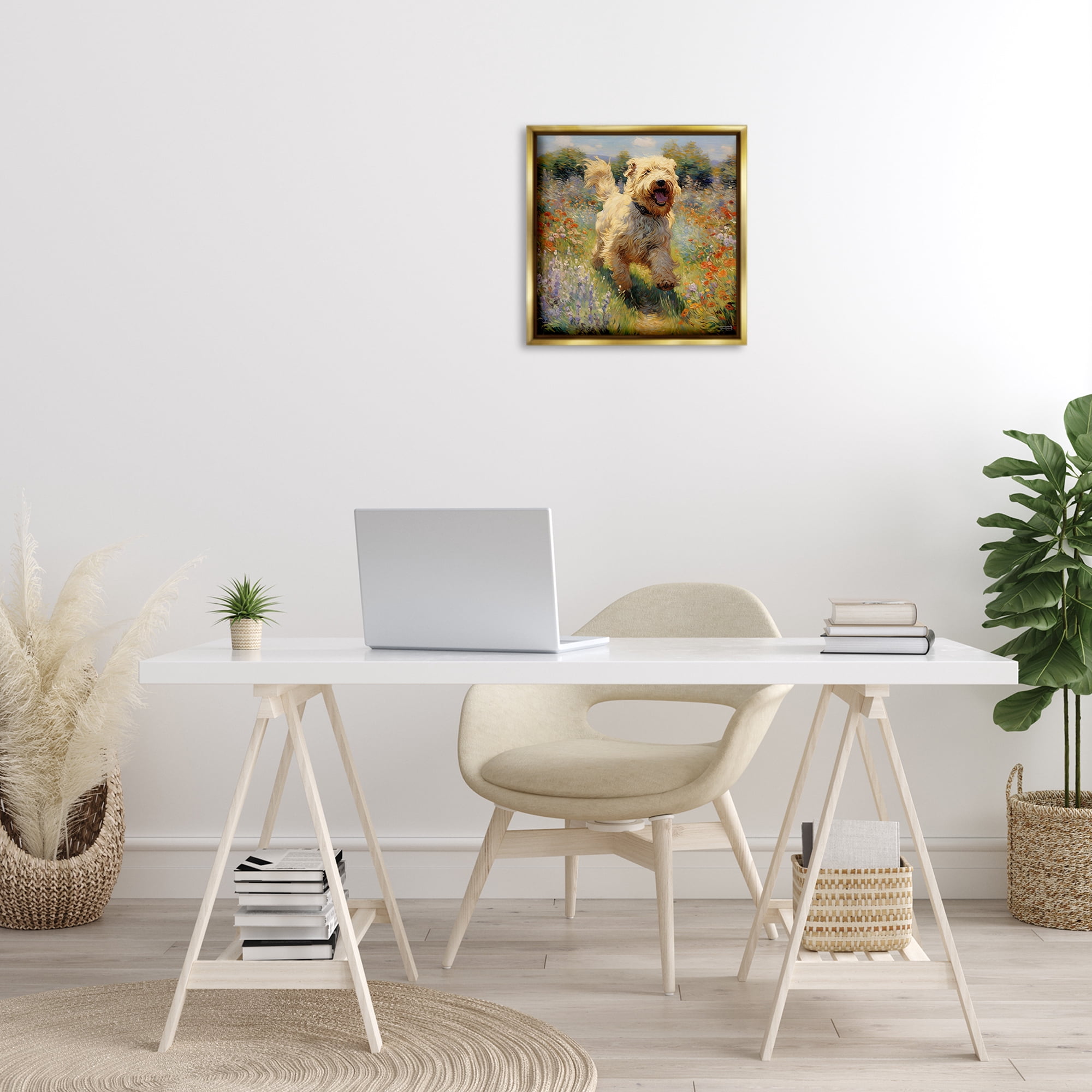 Stupell Industries Happy Running Terrier Dog Animals & Insects Painting Gold Floater Framed Canvas Art Print Wall Art, 18 x 18