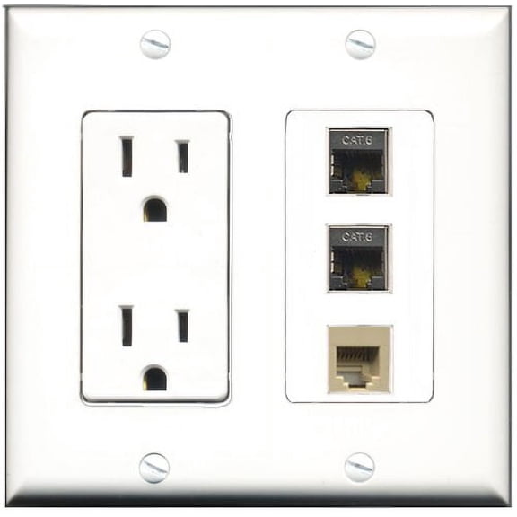 RiteAV - 15 Amp Power Outlet 1 Port Phone Beige 2 Port Shielded Cat6 Ethernet Ethernet Decorative Wall Plate