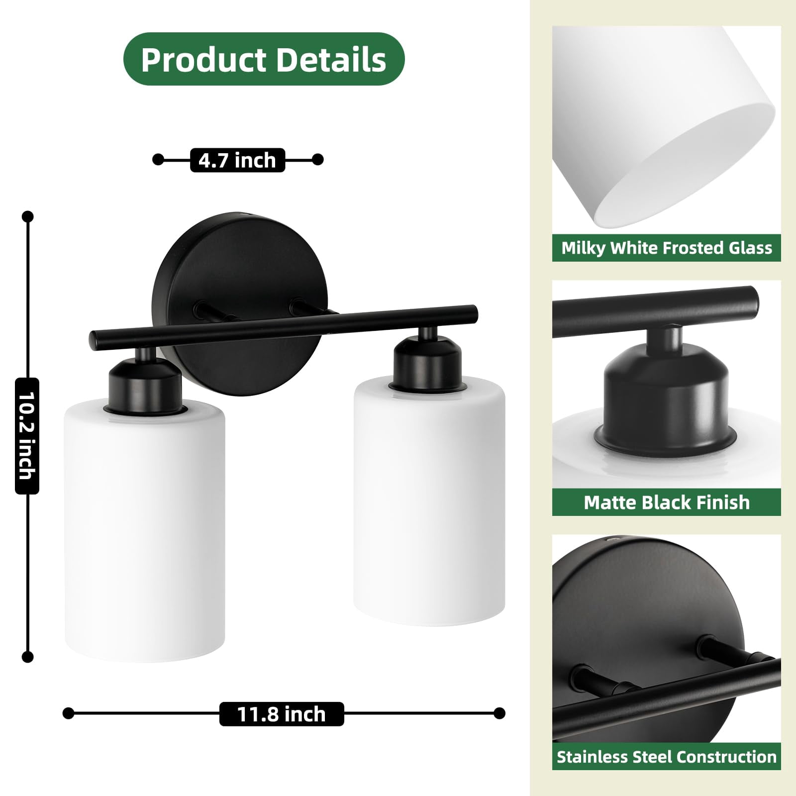 2-light Bathroom Light Fixtures  Black Modern Vanity Lights With Milky White Frosted Glass Shades Wall Sconce For Bedroom Living Room And Hallway 2-pack