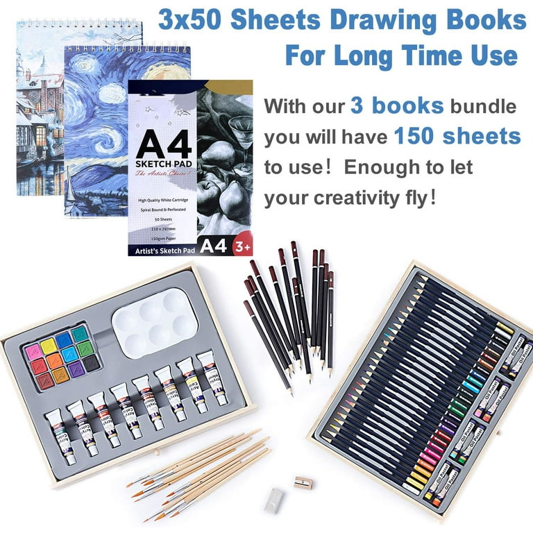 Cool Bank Professional Art Set 85 Piece with 3 x 50 Page Drawing Pad,  Deluxe Art Set in Portable Wooden Case-Painting & Drawing Set