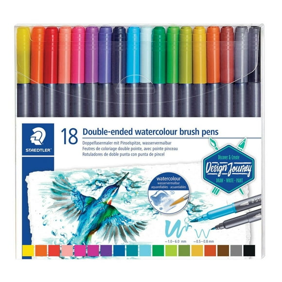 Staedtler Feutres de coloriage aquarellables à double pointe, Pointe pinceau 1-6 mm et pointe fine 0.5-0.8 mm, Étui plastique avec 18 couleurs différentes assorties, 3001 TB18