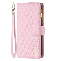 Dteck Zipper Wallet case for Samsung Galaxy A12, Argyle Pattern PU Leather Wallet case with Handstrap Kickstand Card Slots Magnetic Closure Shockproof Case For Samsung Galaxy A12,Pink
