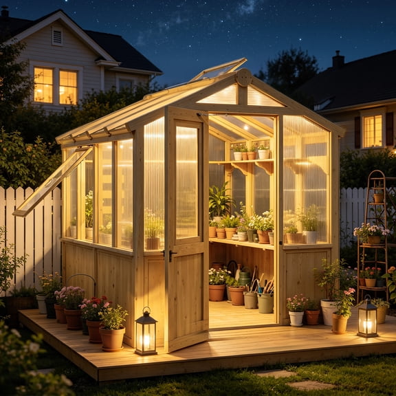 6.7 ft. x 7.8 ft. Solid Cedar Wood Greenhouse with Polycarbonate Windows, Automatic Roof Vent