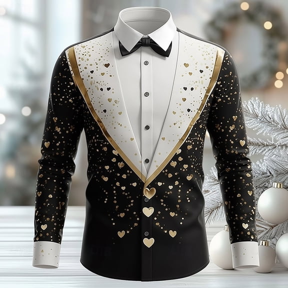 HOWPAY Mens Dress Shirts Valentines Graphic Slim Fit Long Sleeve Shirt Button up Stretch Casual Lightweight Holiday Party Fall Clothes Black L