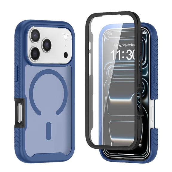 For iPhone 17 Pro Max Case, 360° Rugged Protective Shell with Screen Protector, Heavy Duty Shockproof Case Matte Translucent Compatible with Magsafe, Blue