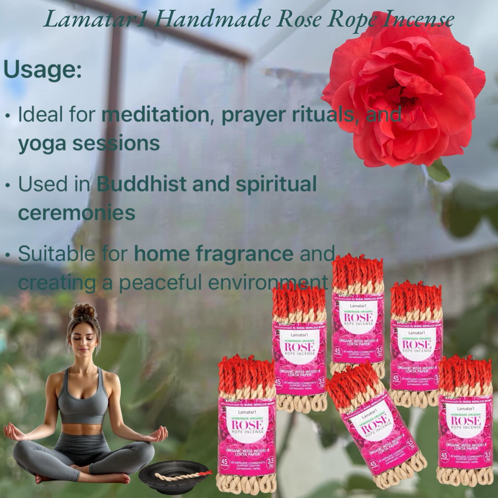 Rose Rope Incense – Set of 6 Bundles, 45 Ropes per Bundle, 3.5 Inches Long Natural Herbs, Rose Oil & Lokta Paper Incense – Natural Aromatherapy & Meditation Fragrance from Nepal