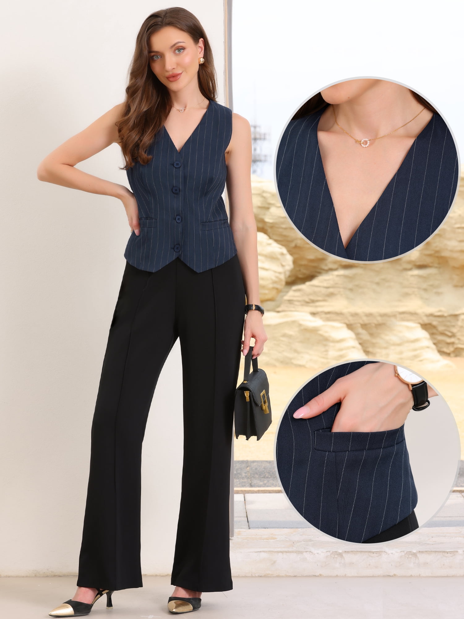 DARING DIVA Women's V Neck Sleeveless Button Down Striped Trendy Waistcoat XL Dark Blue