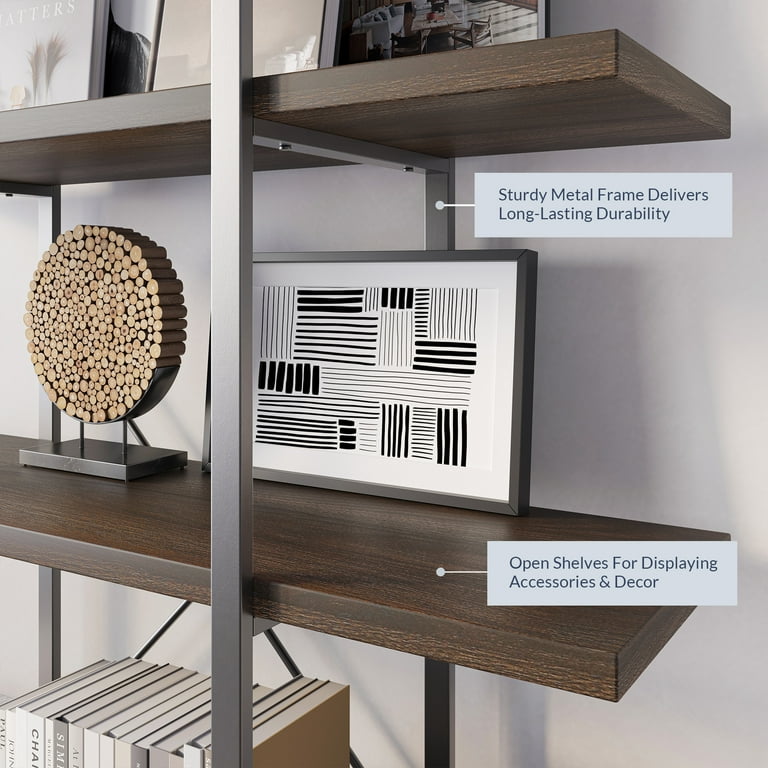 BELLEZE Tall 5 Tier Steel Iron Wood Bookcase Modern Rustic Industrial Design Dark Walnut Finish Walmart