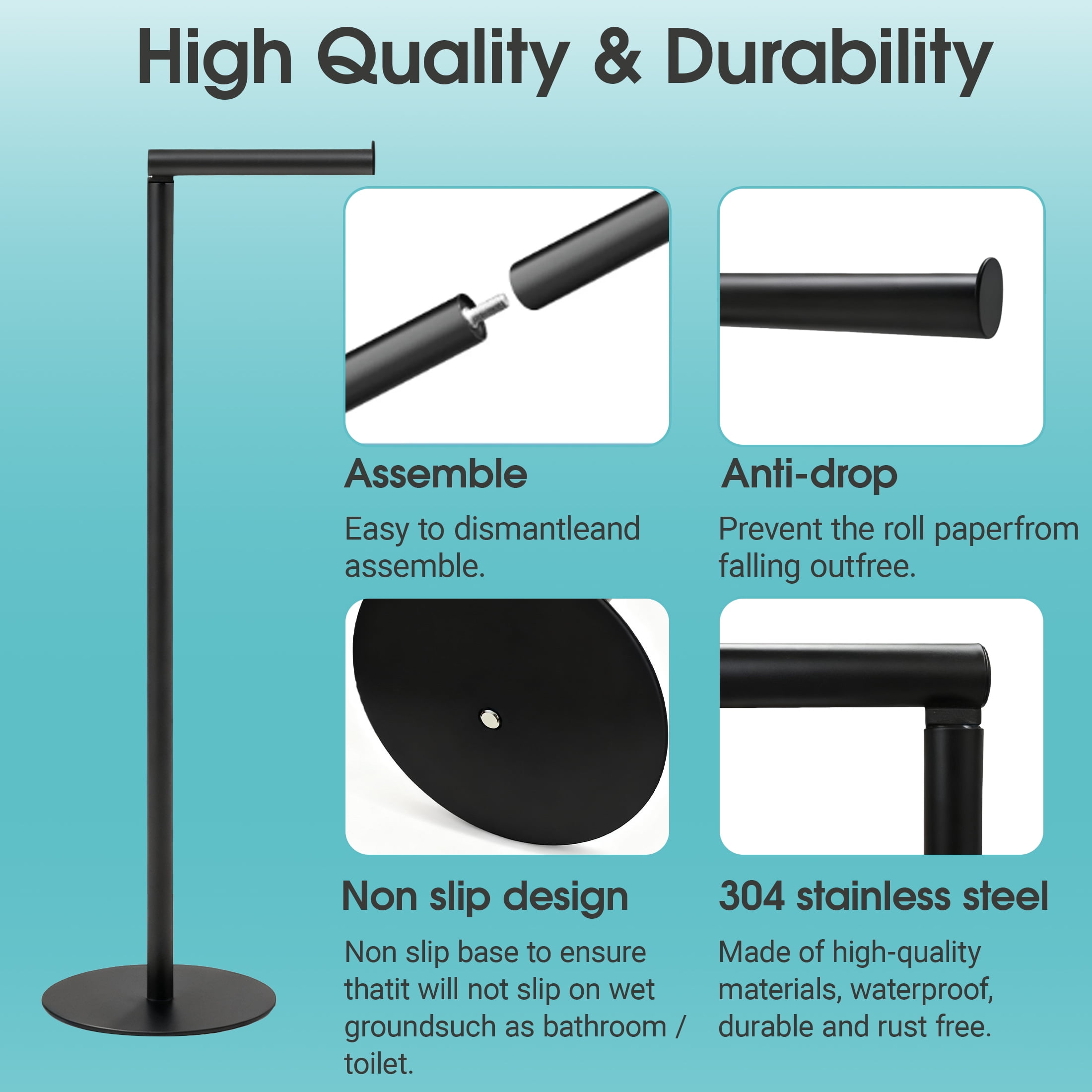 Toilet Paper Holder Stand, Free Standing Toilet Paper Roll Holder for 5 Spare Rolls, Modern Bathroom Toilet Paper Stand, Stainless Steel Paper Storage for Bathroom, Black