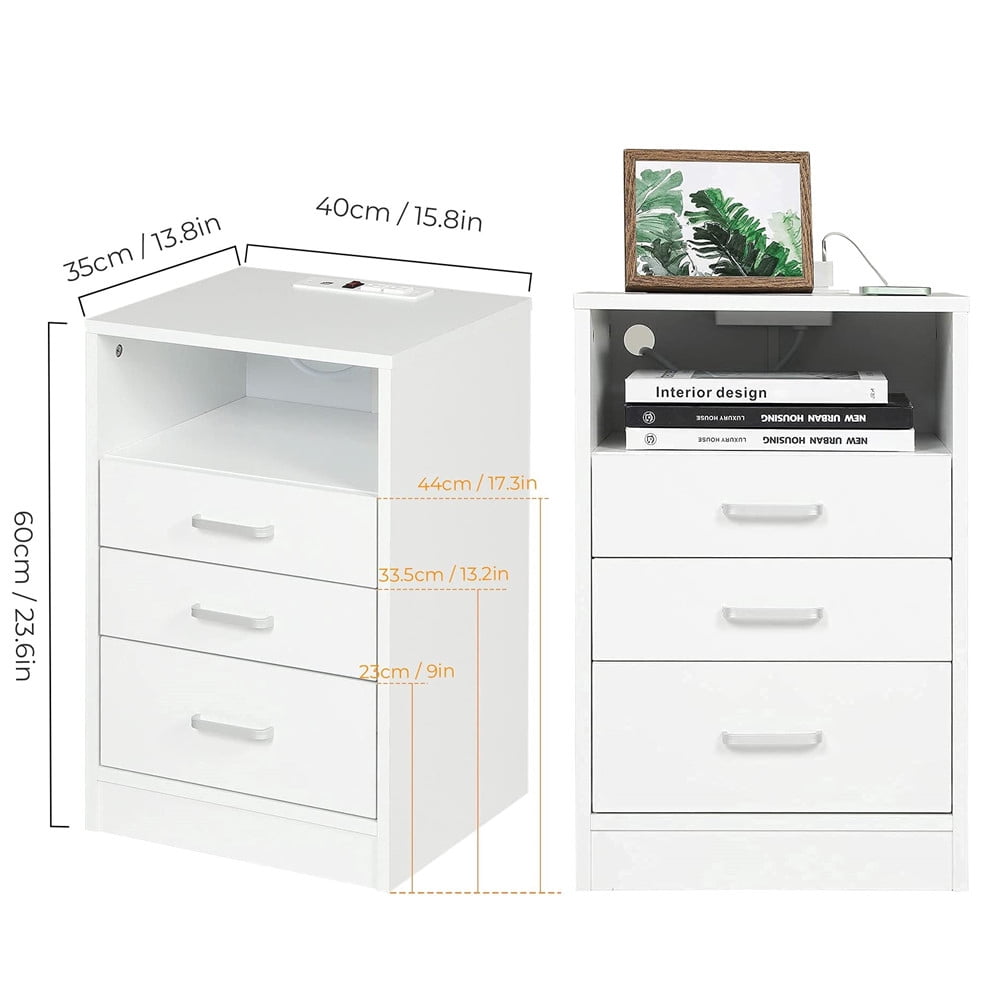 Afuhokles White Nightstand with 3 Drawer, Charging Station USB Port, Bedside Table