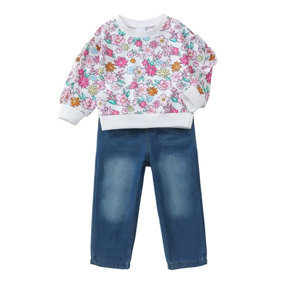 5T Baby Girls Clothes 6Y Girls 2PCS Outfits Set Flower Print Little Girls Long Sleeve Crew Neck Top Denim Pants Set White