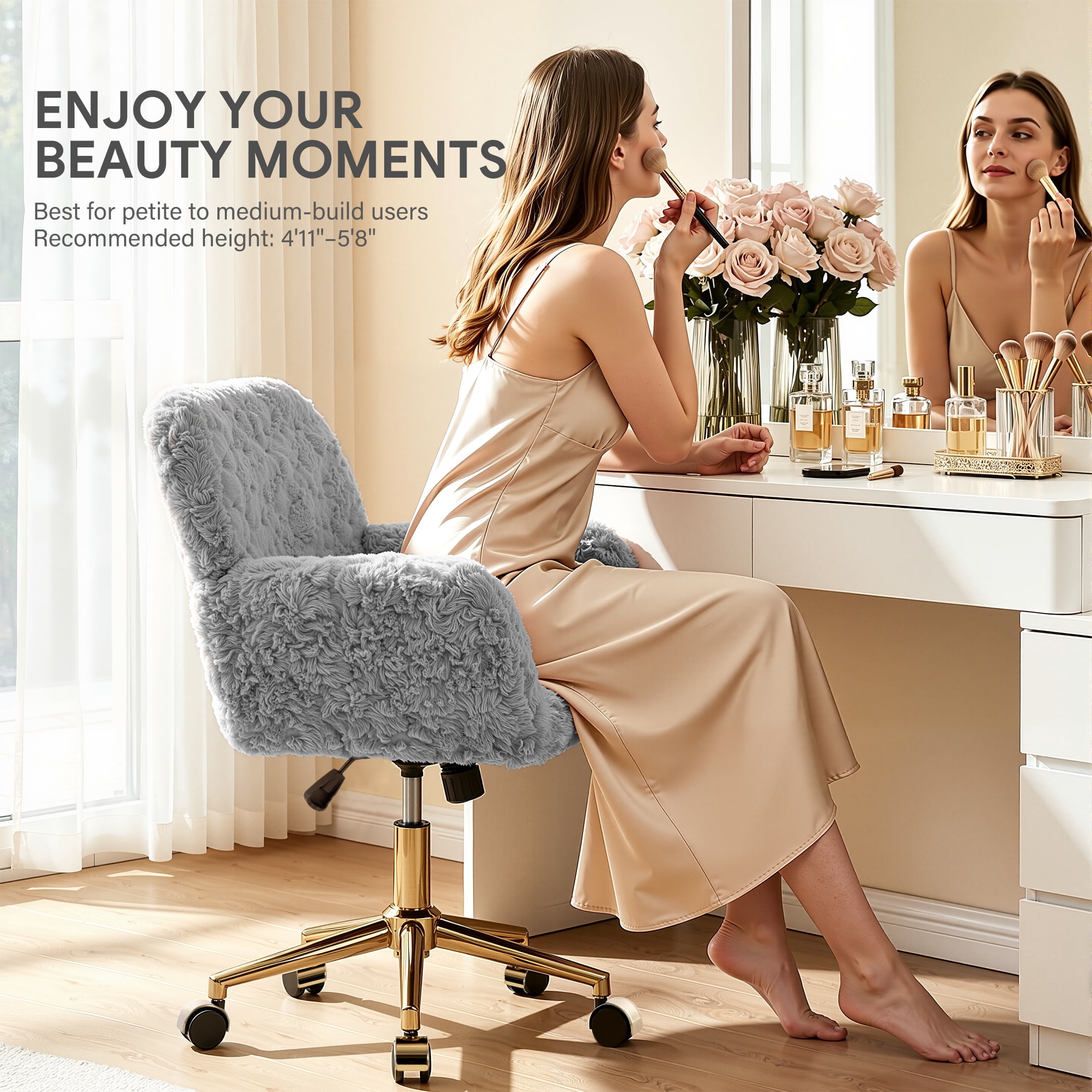 PAPROOS Vanity Chair with Back, Adjustable Swivel Makeup Desk Chair with Wheels and Arms, Fluffy Home Office Task Chair with Artificial Rabbit Hair for Bedroom, Dorm, Study Room, Gray