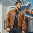 thumbnail image 4 of FLAVOR Men's Real Leather Bomber Casual Jacket (XX-Large, Brown), 4 of 6