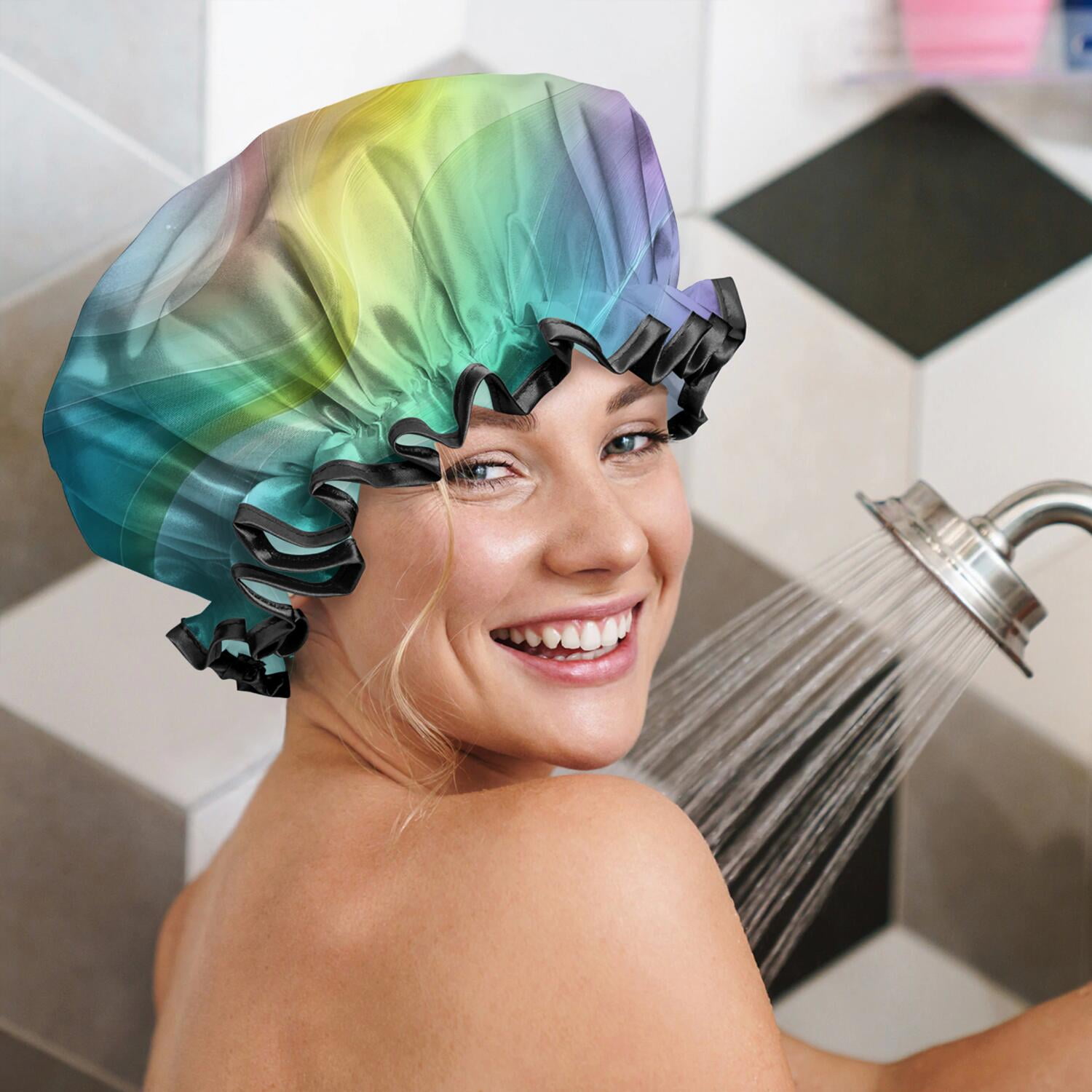 Shower Caps,Rainbow Tie Dye Swirl Pattern Waterproof Shower Cap for Women 4 Pieces,Double Reusable Hair Cover for Shower PEVA Elastic Stretch Hem