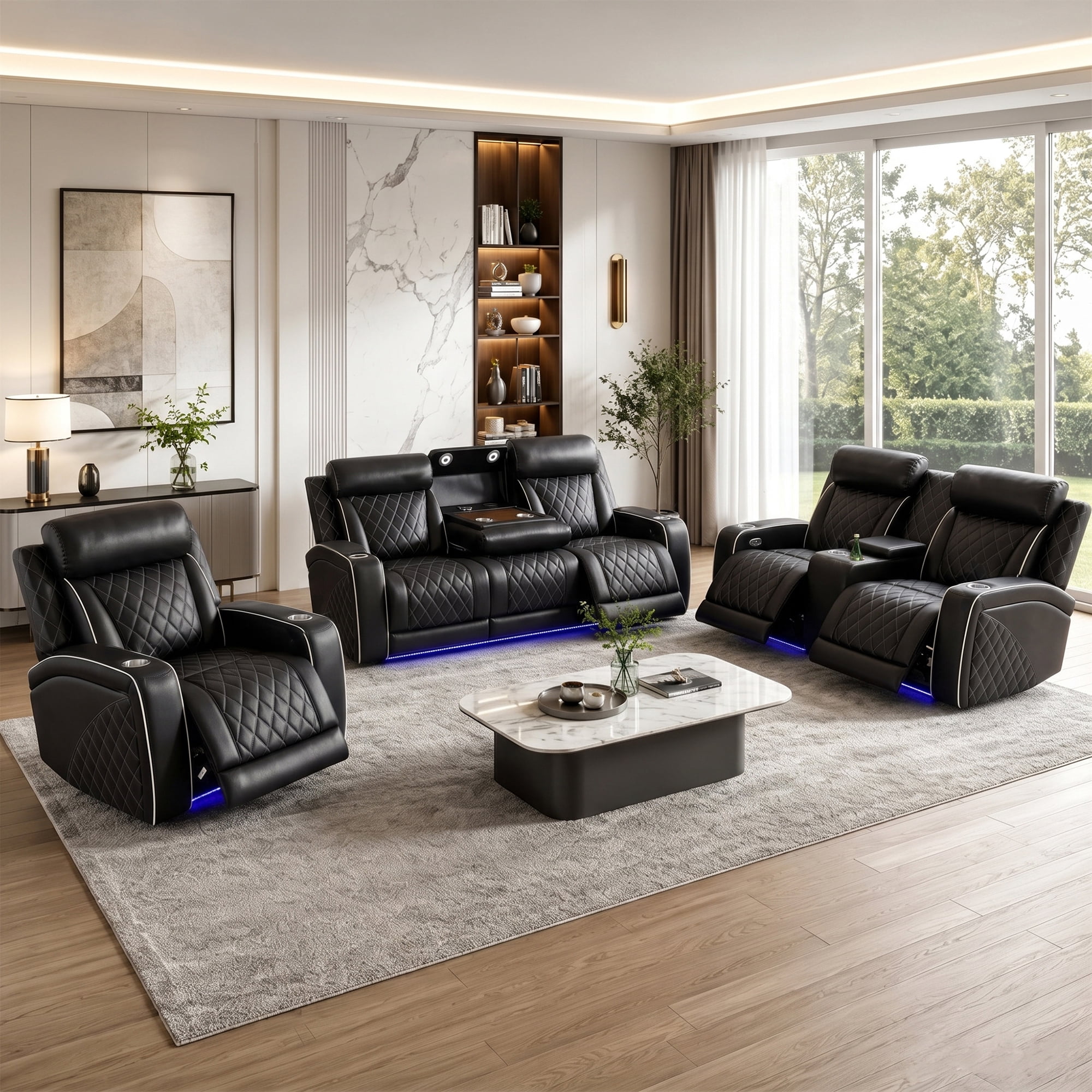 Aukfa Power Recliner 3 Seat RV Sofa with USB & Wireless Charging, Cup Holders Console & LED Lighting, Home Theater Seating for Living Room, PU Leather, Black